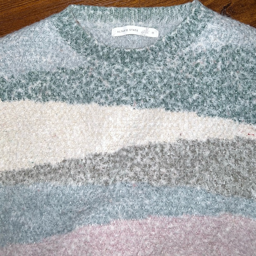 Altar’d State Cozy Blue, Cream Pink Pastel Boho Crewneck Striped Sweater Size M - Picture 7 of 10
